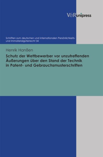 Portada del libro «Schutz der Wettbewerber vor unzutreffenden Äußerungen über den Stand der Technik in Patent- und Gebrauchsmusterschriften», de Henrik Hanßen