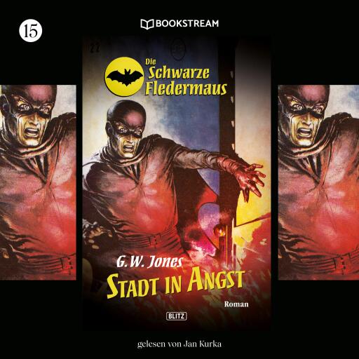 Portada del audiolibro «Die Schwarze Fledermaus, Folge 15: Stadt in Angst», de G. W. Jones