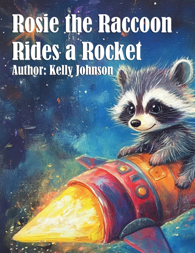 Portada del libro «Rosie the Raccoon Rides a Rocket», de Kelly Johnson