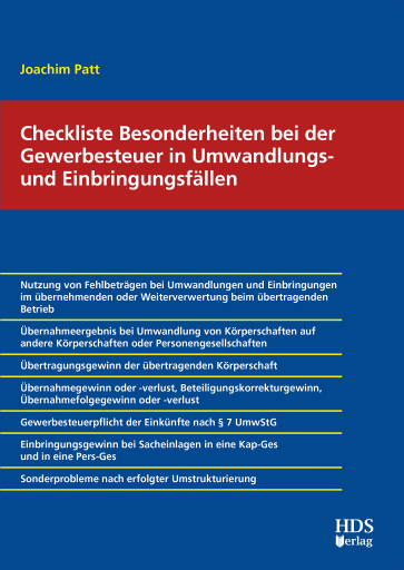 Portada del libro «Checkliste Besonderheiten bei der Gewerbesteuer in Umwandlungs- und Einbringungsfällen», de Joachim Patt