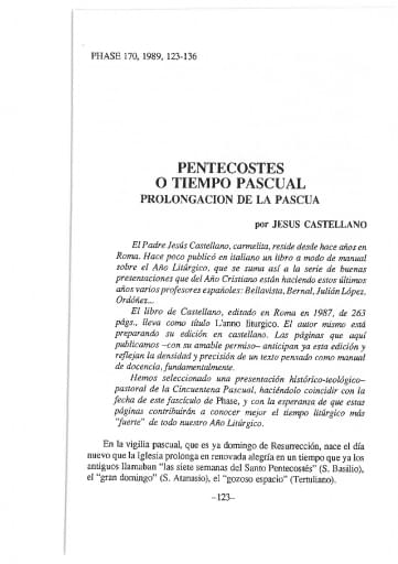 Pentecostés o tiempo pascual. Prolongación de la Pascua