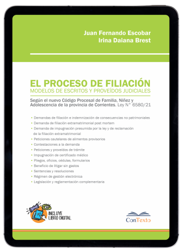 Portada del libro «El proceso de filiación, Modelos de escritos y proveídos judiciales», de Juan Fernando Escobar Irina Daiana Brest